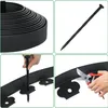 A collage of four images showing a black flexible lawn edging product, its installation, and tools used. Náhled obrázku produktu