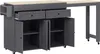 A gray kitchen island with a wooden countertop and an attached pull-out table, shown with drawers and cabinets open. Voir les images du produit