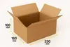 A brown cardboard box with dimensions indicated by yellow arrows and text. Podgląd zdjęcia produktu