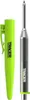 A bright green pen holder and a silver marking pencil are shown side-by-side against a white background. Produktbild-Vorschau
