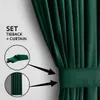 A close-up of a dark green velvet curtain with a tieback and a diagram showing the set. Produktbild-Vorschau