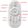 A remote control with labels pointing to its buttons. Produktbild-Vorschau