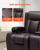 Close-up of a brown leather loveseat with text overlays highlighting its features. Podgląd zdjęcia produktu