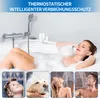 A collage showing a shower fixture in a bathtub and four smaller images of people and a dog using a shower. Podgląd zdjęcia produktu