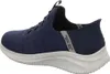 Side view of a blue Skechers slip-on shoe with a speckled white sole. Produktbild-Vorschau
