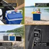 Collage of images showing a blue portable cooler in different settings: being placed in a car, on a beach with food, displayed with other colors, and its 12V car plug. Text overlays describe its features and availability. Náhled obrázku produktu