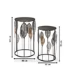 Two decorative side tables with leaf motifs, one larger than the other, are shown against a white background. Dimensions are indicated with measurement lines and text. Produktbild-Vorschau