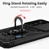 Close-up of a black phone case with a rotating ring stand and camera protection feature highlighted with text and graphics. Produktbild-Vorschau