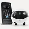 A companion robot and its controlling smartphone are displayed side-by-side against a white background. The smartphone screen shows an interface for customizing the robot's LED eyes, with a grid of squares and options to apply changes to the left eye, righ Produktbild-Vorschau