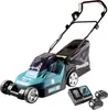 A cordless electric lawnmower with batteries and a charger, presented on a white background. Podgląd zdjęcia produktu