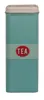 A rectangular metal tin for tea, with a beige lid and a teal body featuring a red oval label with the word "TEA" in white. Produktbild-Vorschau