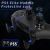 A black PS5 controller with protective accessories attached and some accessories shown separately, against a dark, starry background. Produktbild-Vorschau