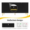 A black sideboard with gold accents, featuring a close-up of a safety mechanism and an illustration demonstrating its function. Produktbild-Vorschau