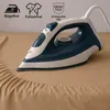 An iron is shown on a tan-colored fabric, likely a fitted sheet, with some of its features highlighted by icons and text. Produktbild-Vorschau