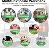 A collage of circular images showing different uses of a multifunctional workbench, with text overlays in German. Voir les images du produit
