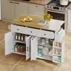A kitchen island with a wooden countertop, drawers, and cabinets, filled with various kitchen items. Voir les images du produit