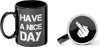 A black mug with white text and a separate image of the bottom of the mug. Náhled obrázku produktu