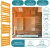 A marketing image showing a bathroom radiator with various features highlighted by text and icons, and a diagram of a bathroom. Produktbild-Vorschau