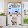 A white sideboard with LED lighting and a wooden top, placed in a kitchen setting next to a window with a view of a backyard. Podgląd zdjęcia produktu