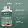 A product shot of a bottle of Ginkgo Biloba Complex supplements with descriptive text and bullet points highlighting its benefits. Produktbild-Vorschau