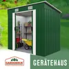 A green metal garden shed with its doors open, revealing shelves and gardening tools inside. The shed is set against a blurred green grassy background. A logo and text are present in the lower portion of the image. Produktbild-Vorschau