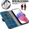 A blue wallet-style phone case with card slots is shown open, with a smartphone placed inside. Text overlays highlight features like RFID blocking. Produktbild-Vorschau