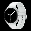 A white smartwatch with a silver bezel and a black screen displaying the time and date. Produktbild-Vorschau