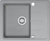A top-down view of a gray kitchen sink with a drain and faucet hole. Produktbild-Vorschau