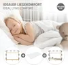 A young girl sleeping peacefully in a bed, with diagrams illustrating the bed's components and size. Podgląd zdjęcia produktu