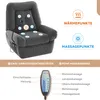 A gray massage chair with illuminated points indicating massage and heat zones, accompanied by text and icons describing its features. Produktbild-Vorschau