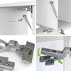 A collage of four images showing different parts and installation steps of cabinet hinges and a gas strut for furniture. Produktbild-Vorschau