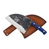 A cleaver knife with a blue and black handle rests on a brown leather sheath. Anteprima dell’immagine prodotto