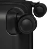A close-up view of the wheels of a black suitcase. Produktbild-Vorschau