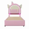 A pink unicorn-themed bed frame with LED lighting. Produktbild-Vorschau