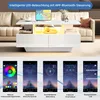 A modern white coffee table with LED lighting, shown in a living room setting, with app interface screenshots below. Produktbild-Vorschau