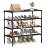A four-tier black shoe rack displaying various types of shoes and a handbag on the top shelf, with a small potted plant. Náhled obrázku produktu