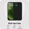 A black phone case is shown on a light gray background with icons and text describing its features. Produktbild-Vorschau