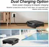 A pool cleaner is shown charging via an adapter and then near a swimming pool. Produktbild-Vorschau