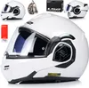 A collage of images showing a white LS2 FF906 Advant modular helmet from different angles, along with its packaging and a small backpack. Voir les images du produit