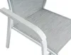 A close-up view of a white outdoor chair with a light gray fabric seat and armrest. Produktbild-Vorschau