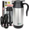 A stainless steel electric water boiler with a black lid and handle, placed next to its packaging box which displays product information. Produktbild-Vorschau