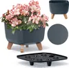 A collage of images showing a square planter with flowers, a close-up of the planter, a color swatch, and a drainage insert. Produktbild-Vorschau