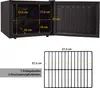A mini-fridge with its door open, showing internal dimensions and a separate diagram of a shelf. Produktbild-Vorschau