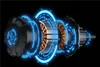 A cutaway view of an electric motor with glowing blue digital rings around it, against a black background. Anteprima dell’immagine prodotto
