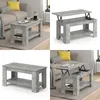 A collage of images showing a concrete-effect coffee table with a lift-top function, displayed in different configurations and settings. Voir les images du produit