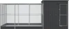 A large, silver aviary with a dark gray attached shed, shown from the front. Produktbild-Vorschau