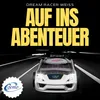A white race car bed on a road with text overlay. Produktbild-Vorschau