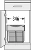 Diagram showing the internal dimensions of a cabinet with a waste bin installed. Produktbild-Vorschau