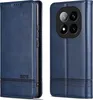 A blue leather flip case for a smartphone, shown from the front and side. Produktbild-Vorschau