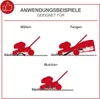 Diagrams illustrating different functions of a lawnmower: mowing, collecting grass, and mulching. Produktbild-Vorschau
